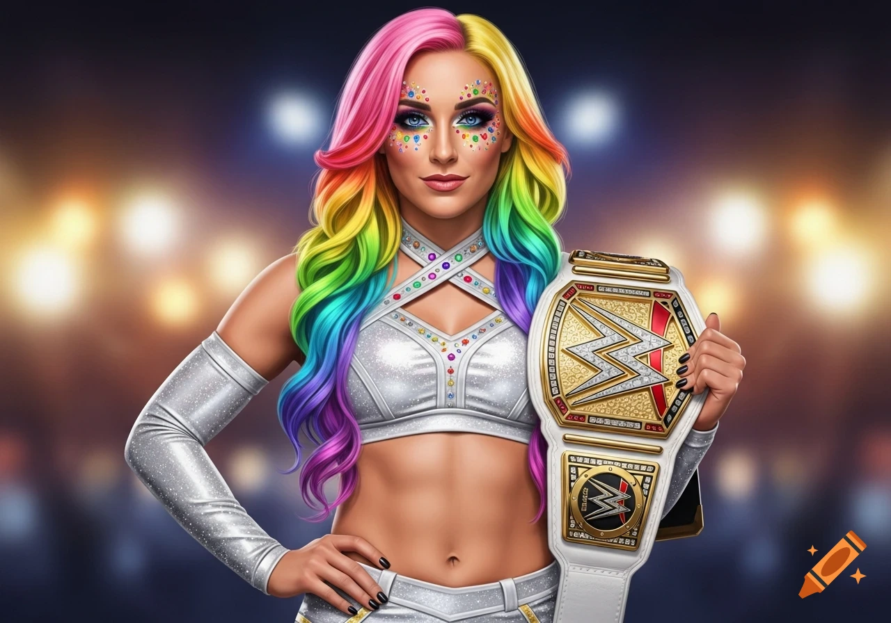 A woman with rainbow hair, glittery makeup, and a silver wrestling outfit holds a WWE championship belt, posing against a blurred arena.