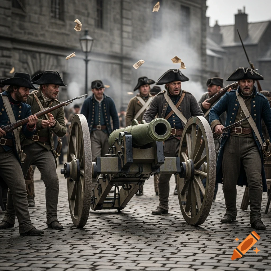 Photorealistic image of soldiers in historical attire with a cannon on a cobblestone street, with papers falling from the sky.