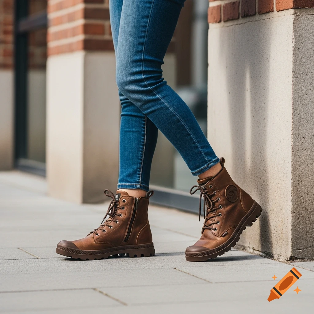 Person in blue jeans and brown leather lace-up Palladium boots stands on a sidewalk.