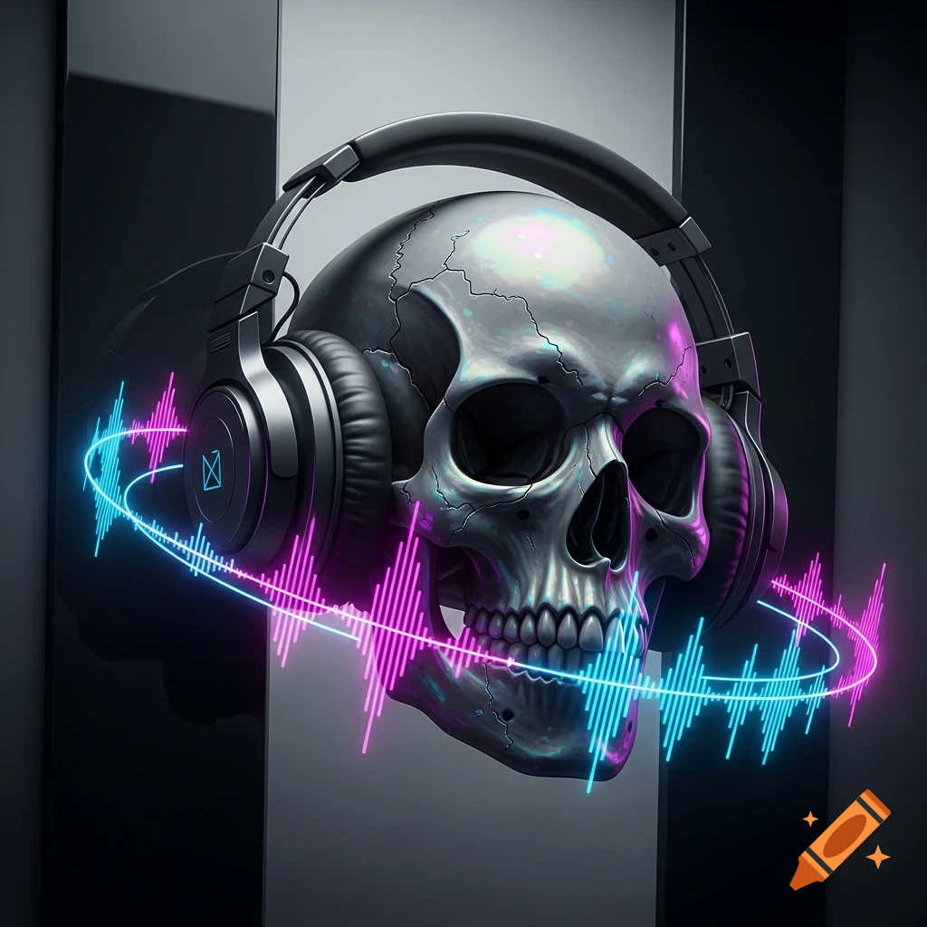 Stylized metallic skull wearing headphones, surrounded by glowing blue and pink neon sound waves against a dark background.
