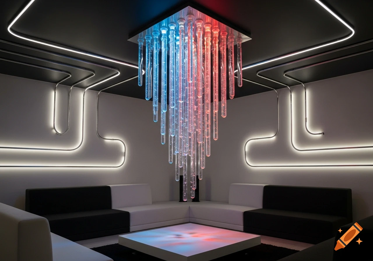 A modern interior with a blue and red LED bubble rod chandelier, sleek conduit lighting on walls, and minimalist sofas.
