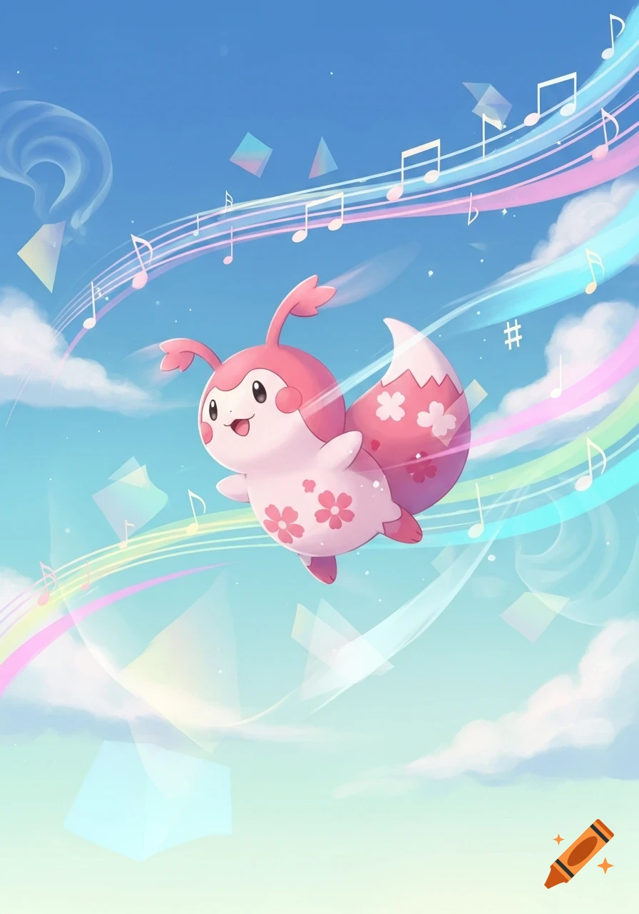 A cute, pink and white Pokémon-like creature with cherry blossom patterns floats in a bright blue sky filled with musical notes, rainbow-colored streams, and fluffy clouds.