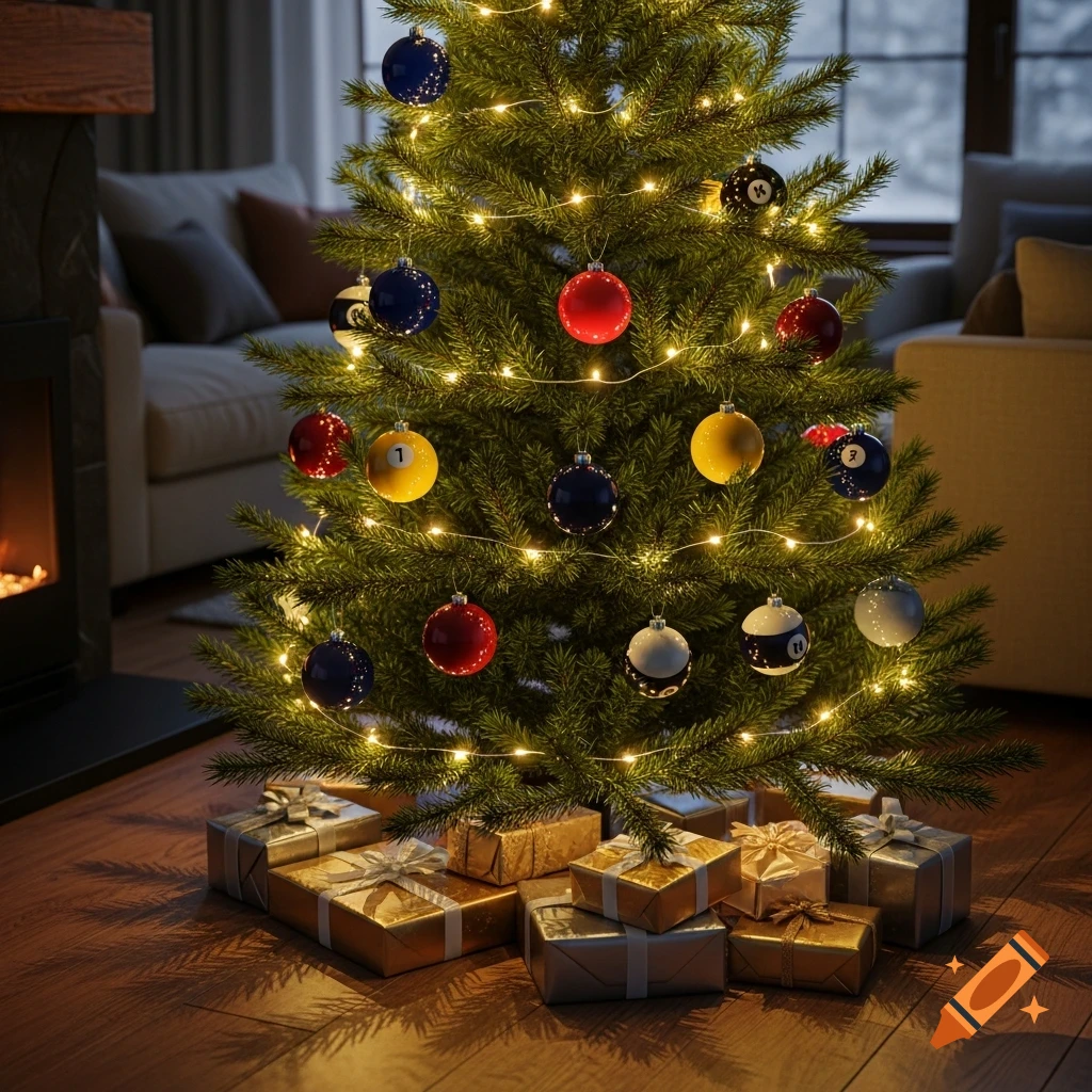 A photorealistic Christmas tree adorned with colorful pool ball ornaments and wrapped presents underneath, in a cozy living room.