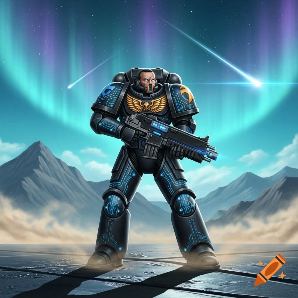 A stern space marine in black futuristic armor with blue glowing circuits and a rifle stands under an aurora borealis sky with mountains and meteors.