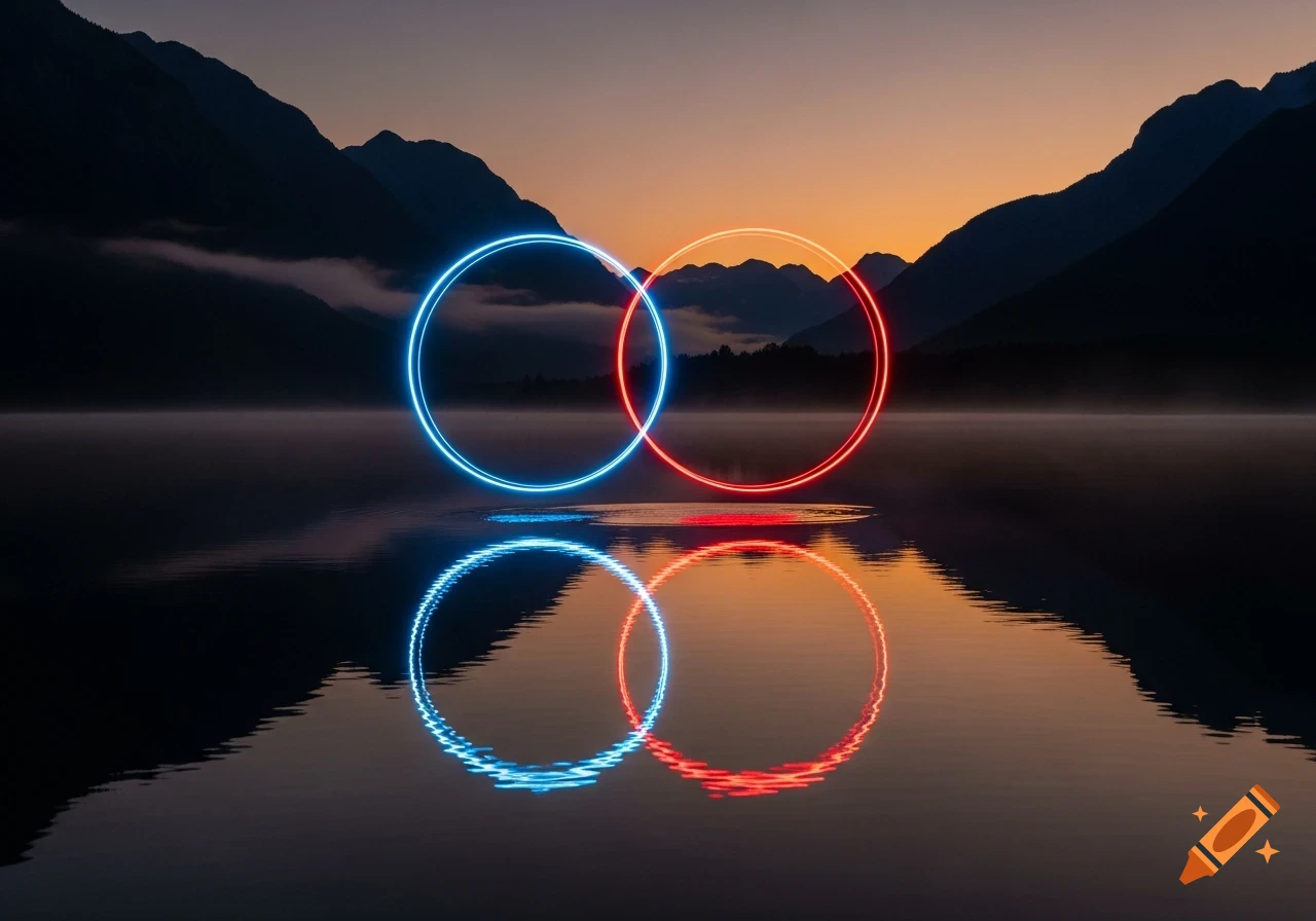 Two overlapping neon circles, one blue and one red, glow above a calm lake with mountain silhouettes under a twilight sky, perfectly reflected in the water.