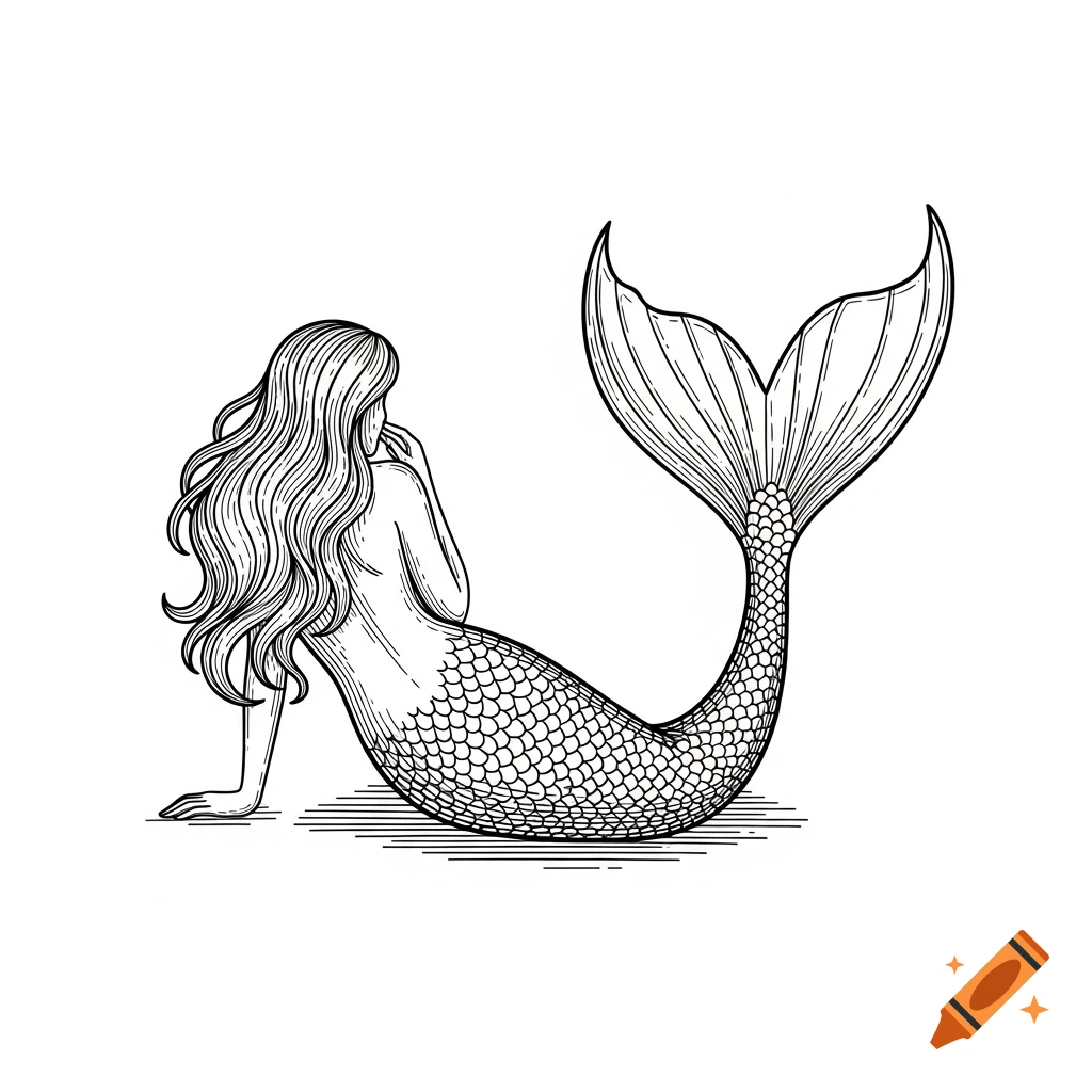 Vintage engraving line art of a mermaid sitting, viewed from the back, with long flowing hair and a detailed scaled tail.