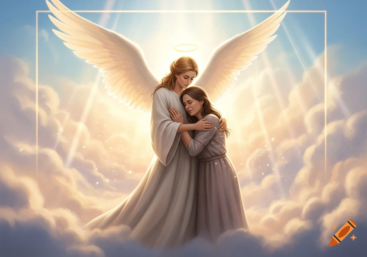 An angel with large white wings embraces a sorrowful woman amidst heavenly clouds and glowing light.