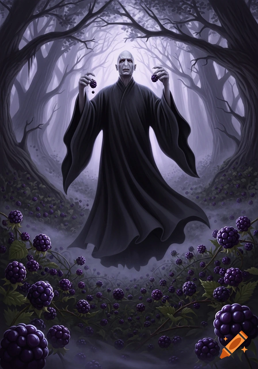 Voldemort, in black robes, stands holding blackberries in a dark, misty forest filled with growing berries.