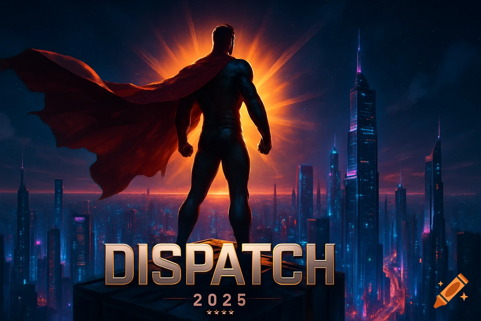 A superhero with a red cape stands on a building, looking over a glowing futuristic city at night. Text reads 'DISPATCH 2025'.