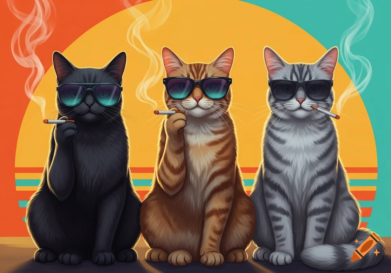 Three cool cats wearing sunglasses and smoking cigarettes sit against a vibrant retro-style background.