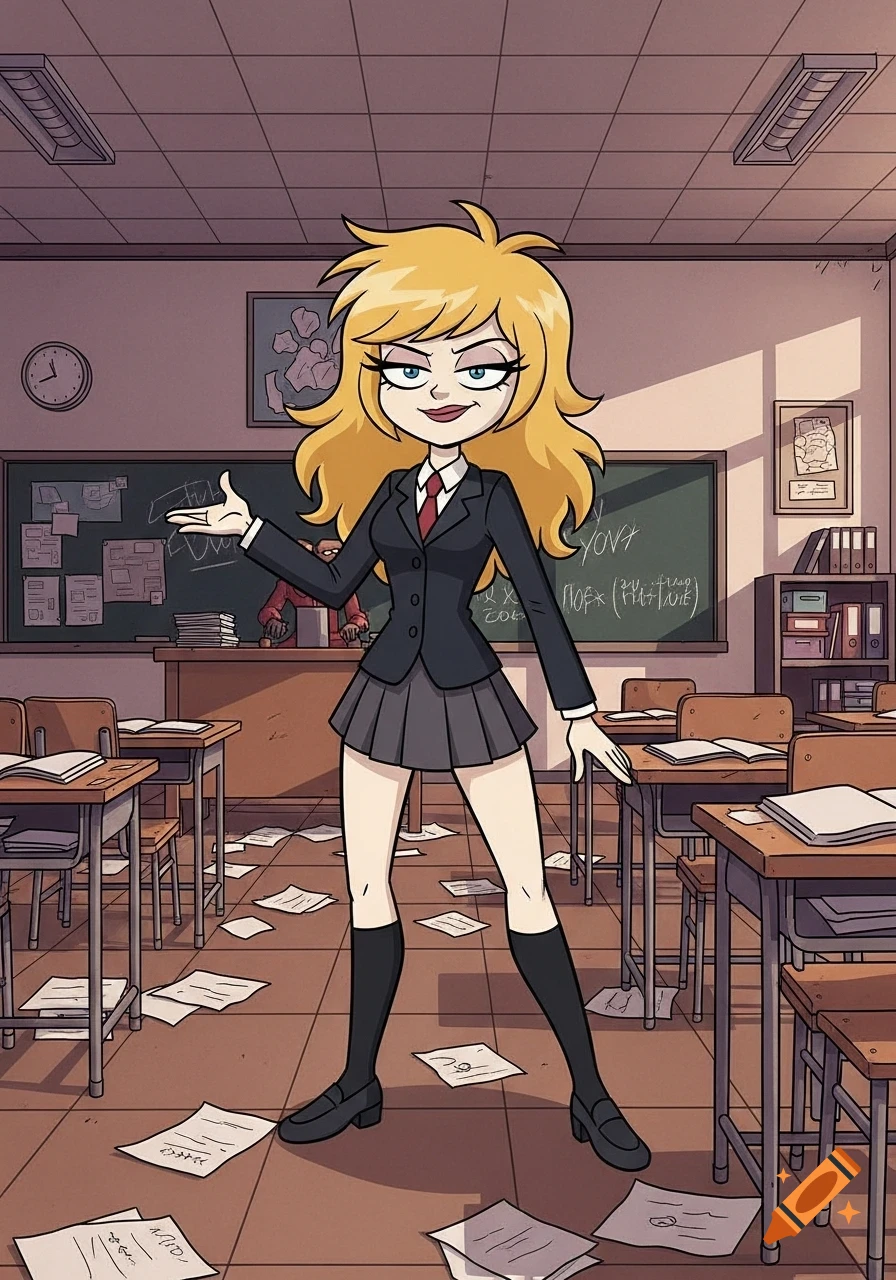 A blonde cartoon woman in a school uniform stands in a messy classroom, smiling sardonically. Adult animation style.