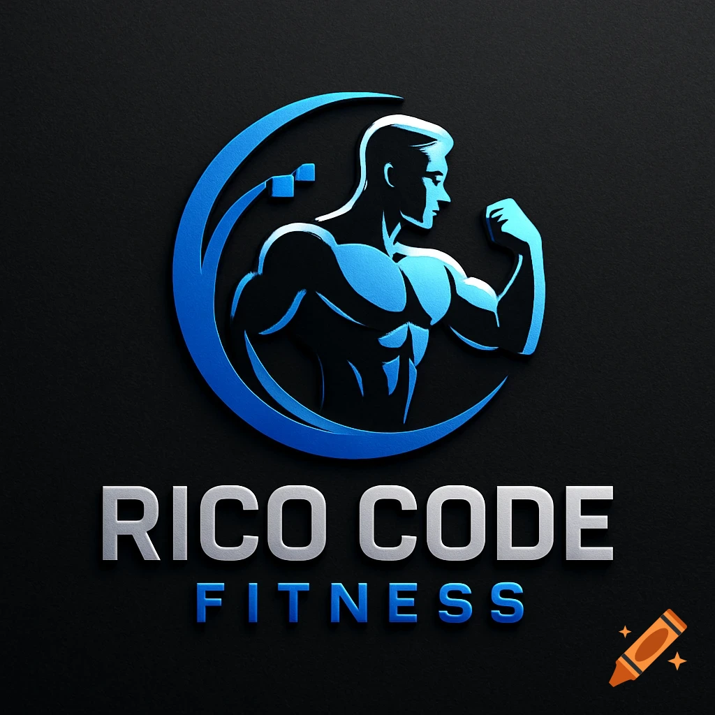 Logo for Rico Code Fitness featuring a blue and silver stylized bodybuilder flexing within a curved graphic, with text below.
