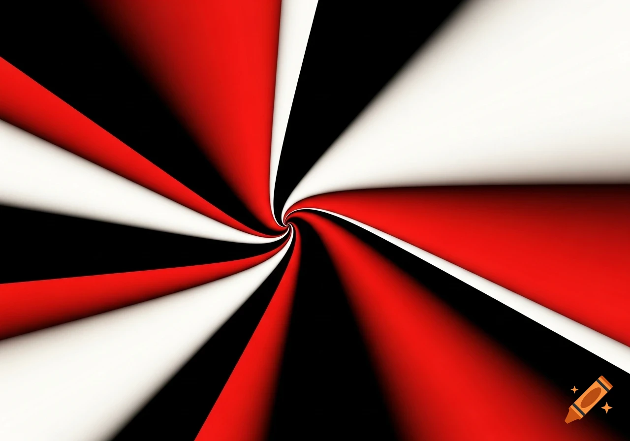An abstract swirling pattern of red, black, and white colors converging to a central point.
