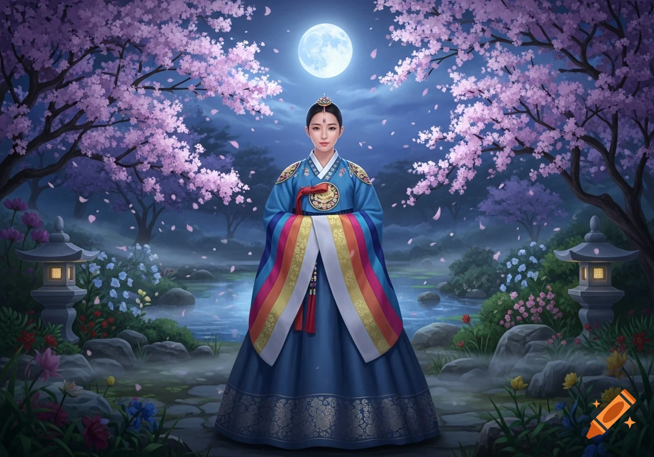 Woman in blue and rainbow hanbok stands in a moonlit cherry blossom garden with stone lanterns and a stream.