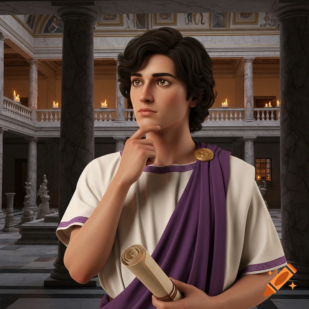 A pensive young man in ancient Roman attire, holding a scroll, stands in a columned classical building.