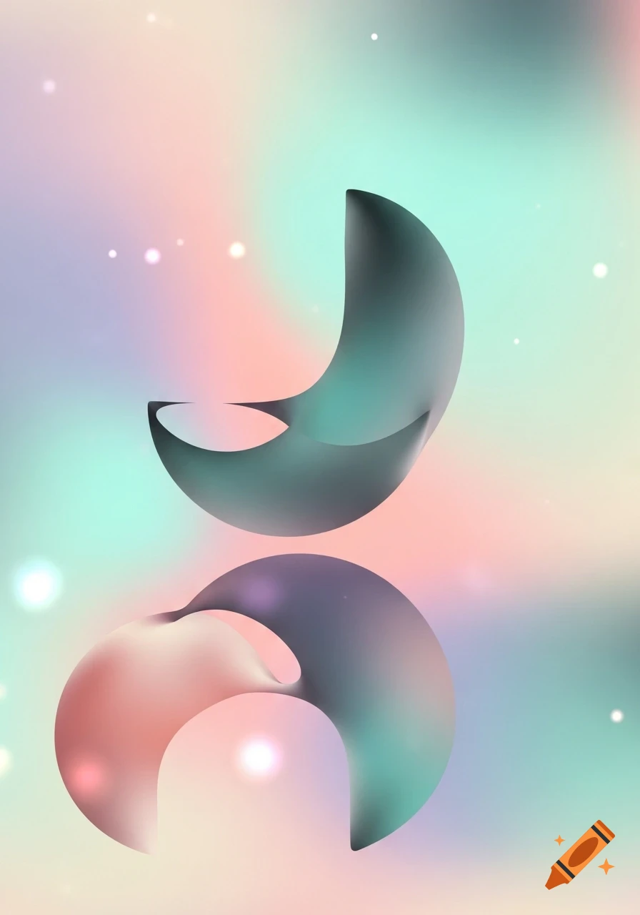 Two abstract, flowing, curved shapes, one above the other, in shades of dark teal, purple, and pink, on a pastel gradient background with light specks.