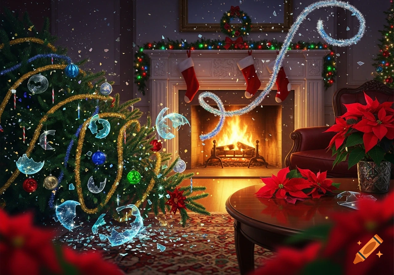 A destructively decorated Christmas living room with a broken tree, shattered ornaments on the rug, a cozy fireplace, and poinsettias.