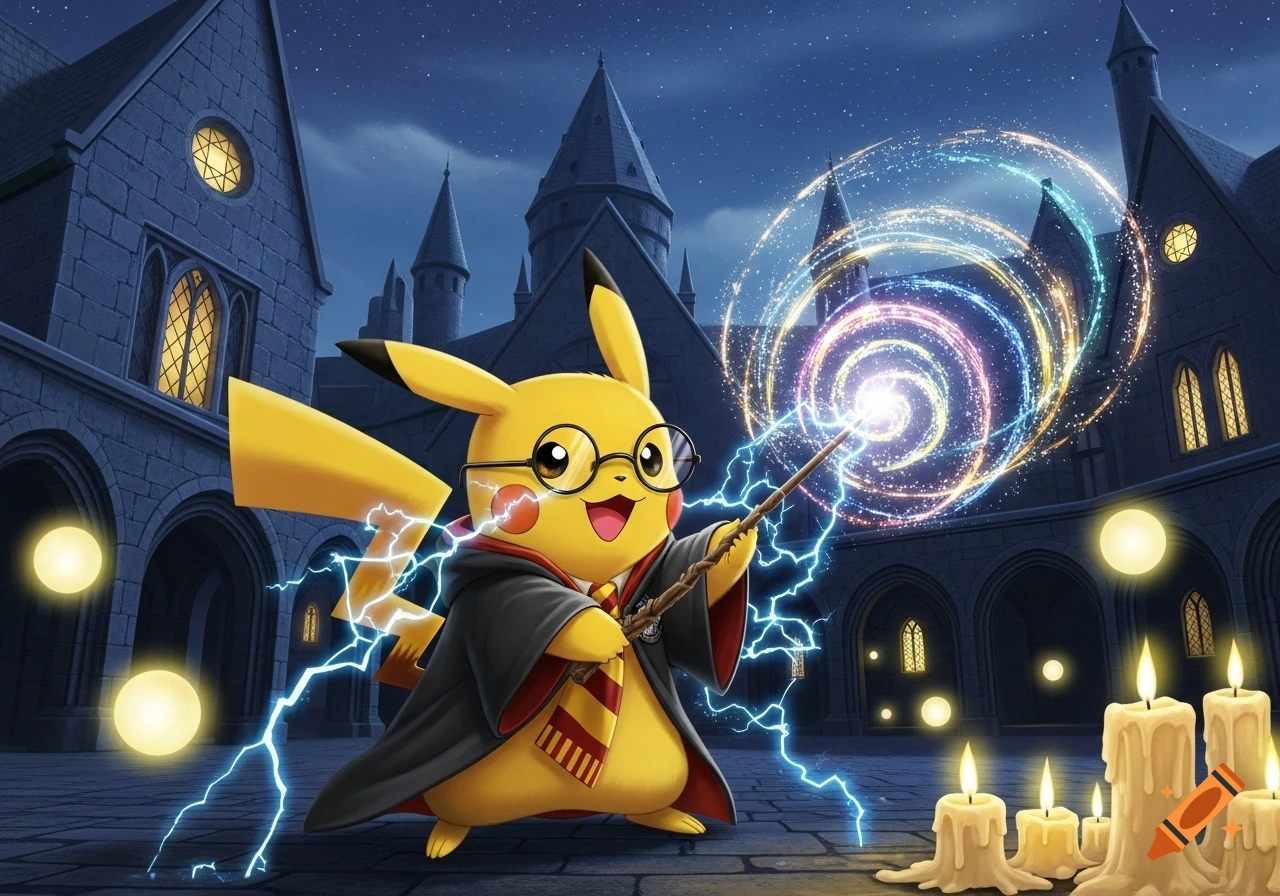 Pikachu as Harry Potter, wearing glasses and a robe, casts a colorful spell with a wand in front of a Hogwarts castle.