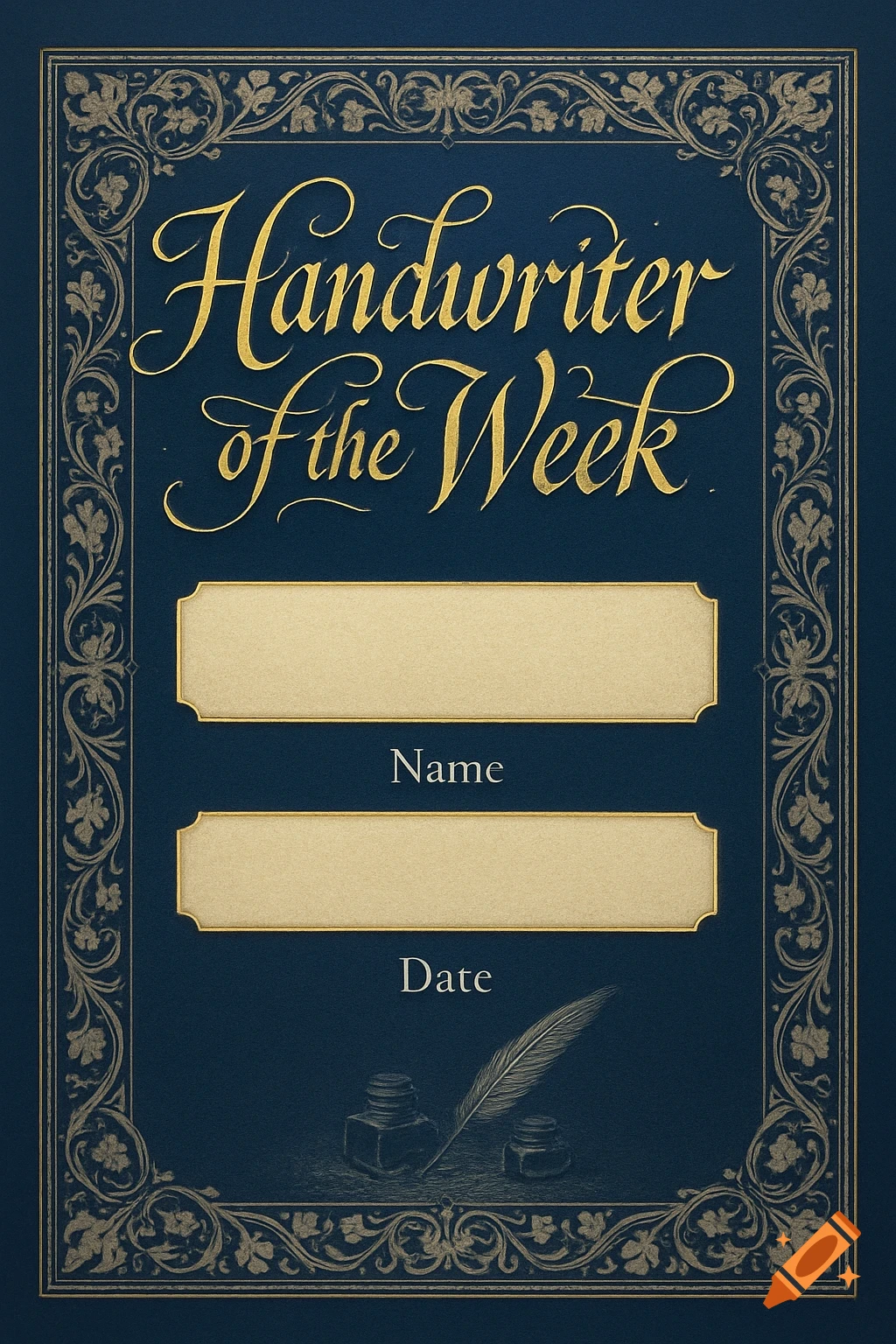A vintage-style 'Handwriter of the Week' certificate on a dark blue background with gold text, a decorative border, and a quill with inkwells.