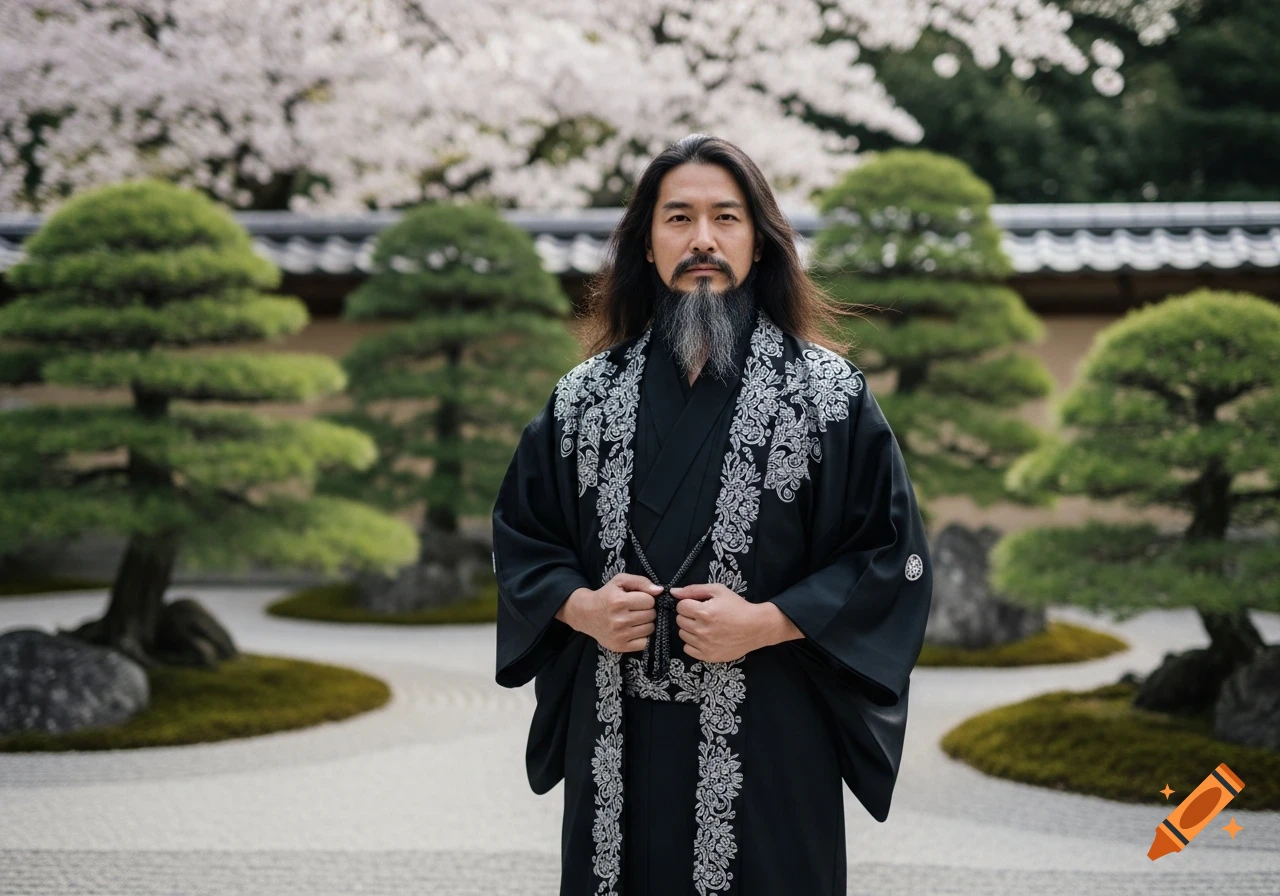 A bearded man in a black kimono with silver embroidery stands in a Japanese garden with bonsai trees and cherry blossoms. Photorealistic.