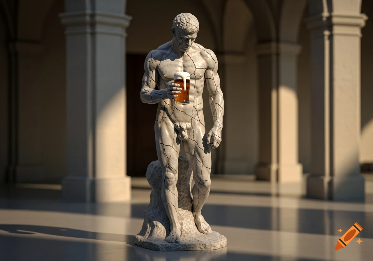 Photorealistic image of a cracked marble statue of a muscular man holding a glass of beer in an arched hall.
