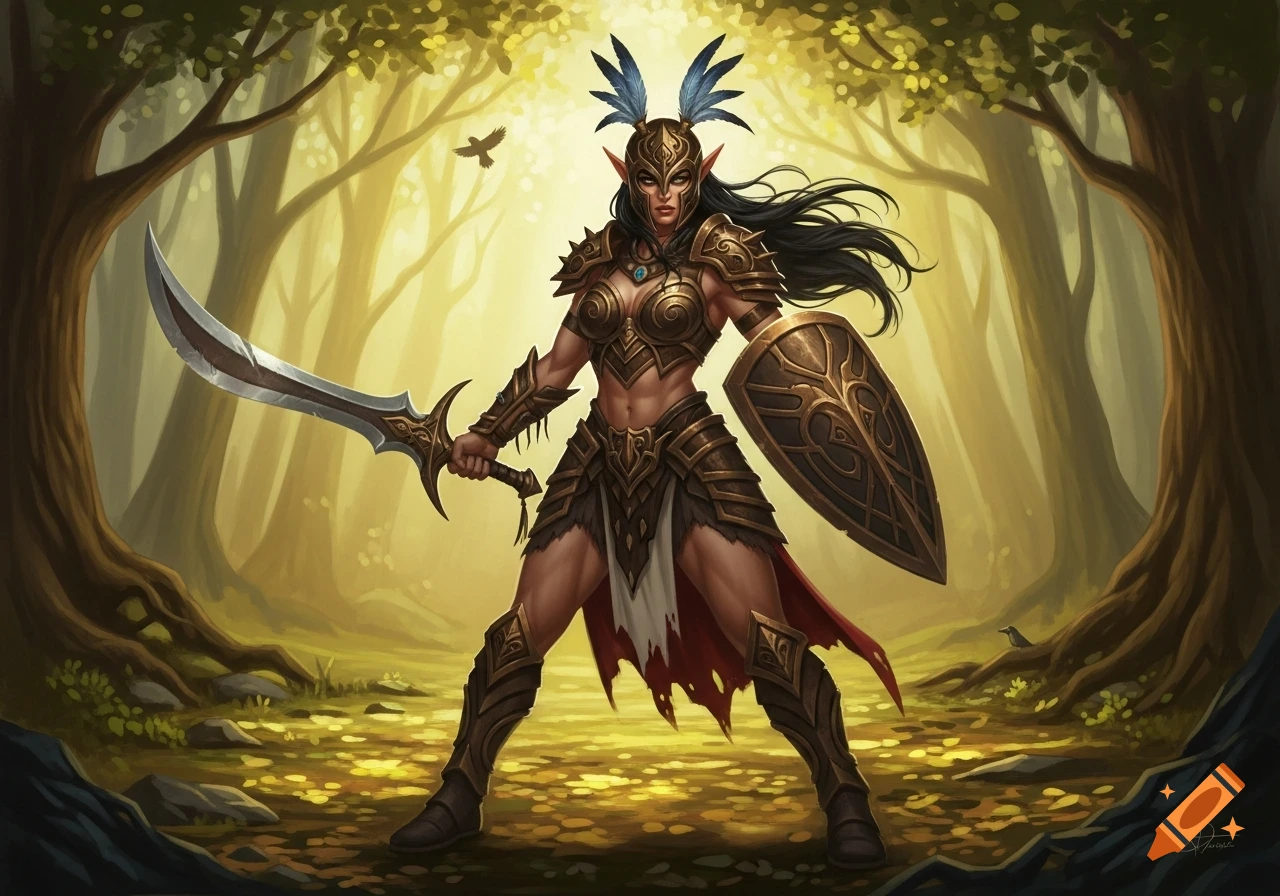 Muscular female elf warrior in bronze armor, holding a curved sword and shield, stands in a sunlit forest.