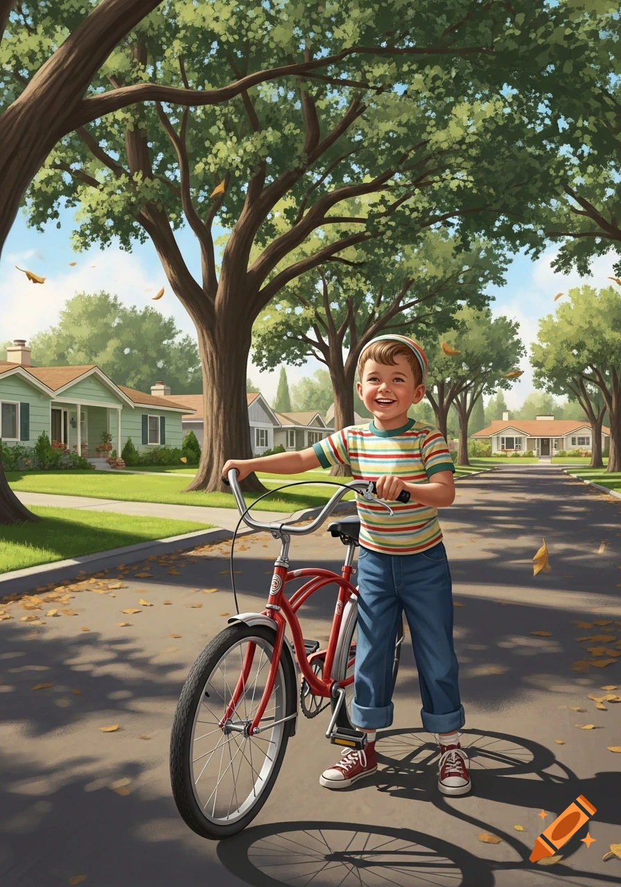 A cheerful boy in a striped shirt and jeans stands with his red bicycle on a tree-lined suburban street in an illustration.