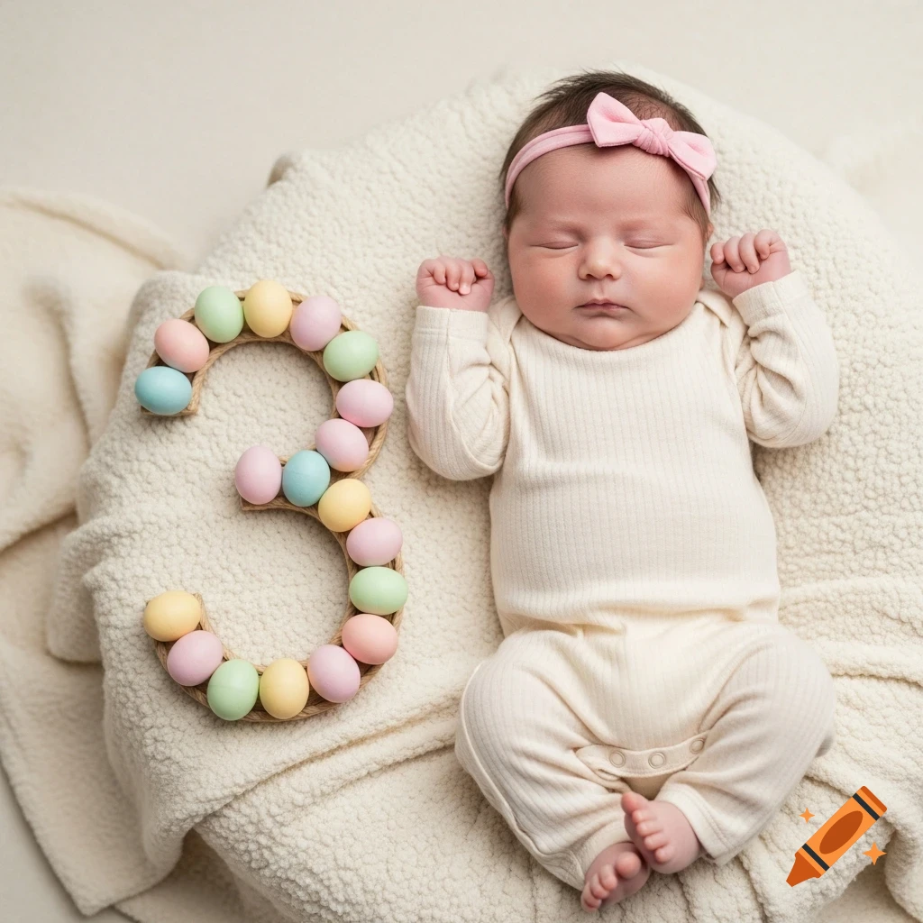 A 3-month-old baby sleeps peacefully on a cream blanket next to the number 3 made of pastel Easter eggs.