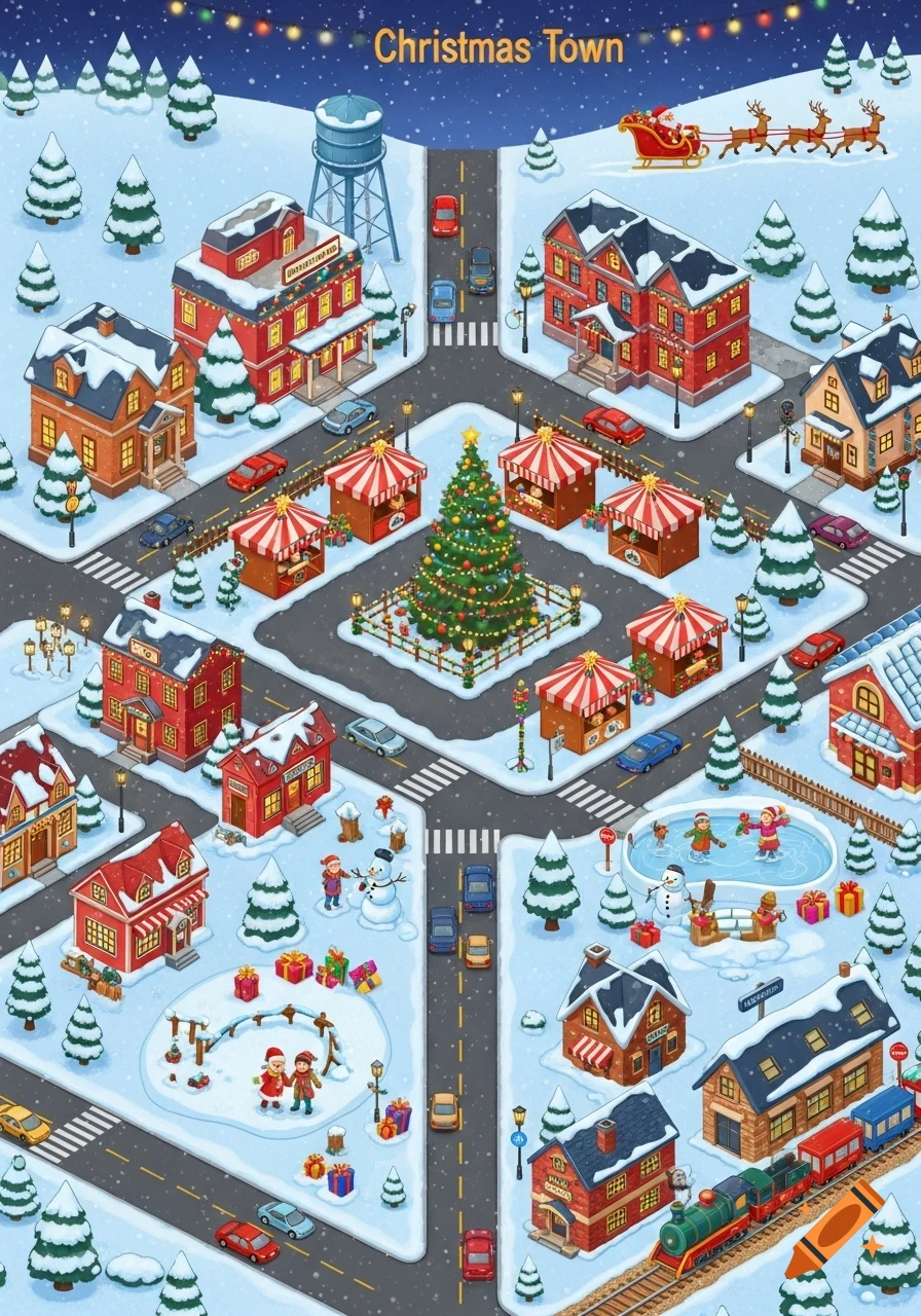 An isometric top-down illustration of a festive Christmas town covered in snow. Features include a main road, a central Christmas tree with market stalls, houses, an ice-skating rink, children playing, a train, Santa's sleigh, and a water tower.