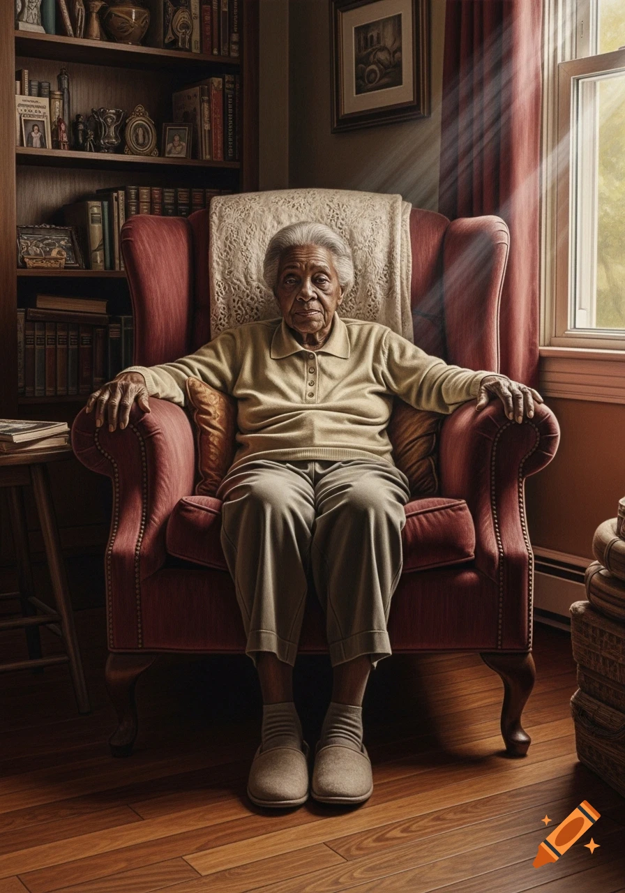 A realistic portrait of an elderly black lady sitting in a red armchair in a cozy room with bookshelves.