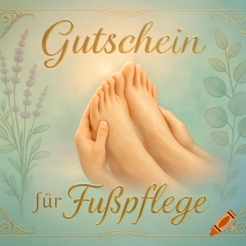 Illustration of hands holding feet on a botanical background with text 'Gutschein für Fu spflege'.