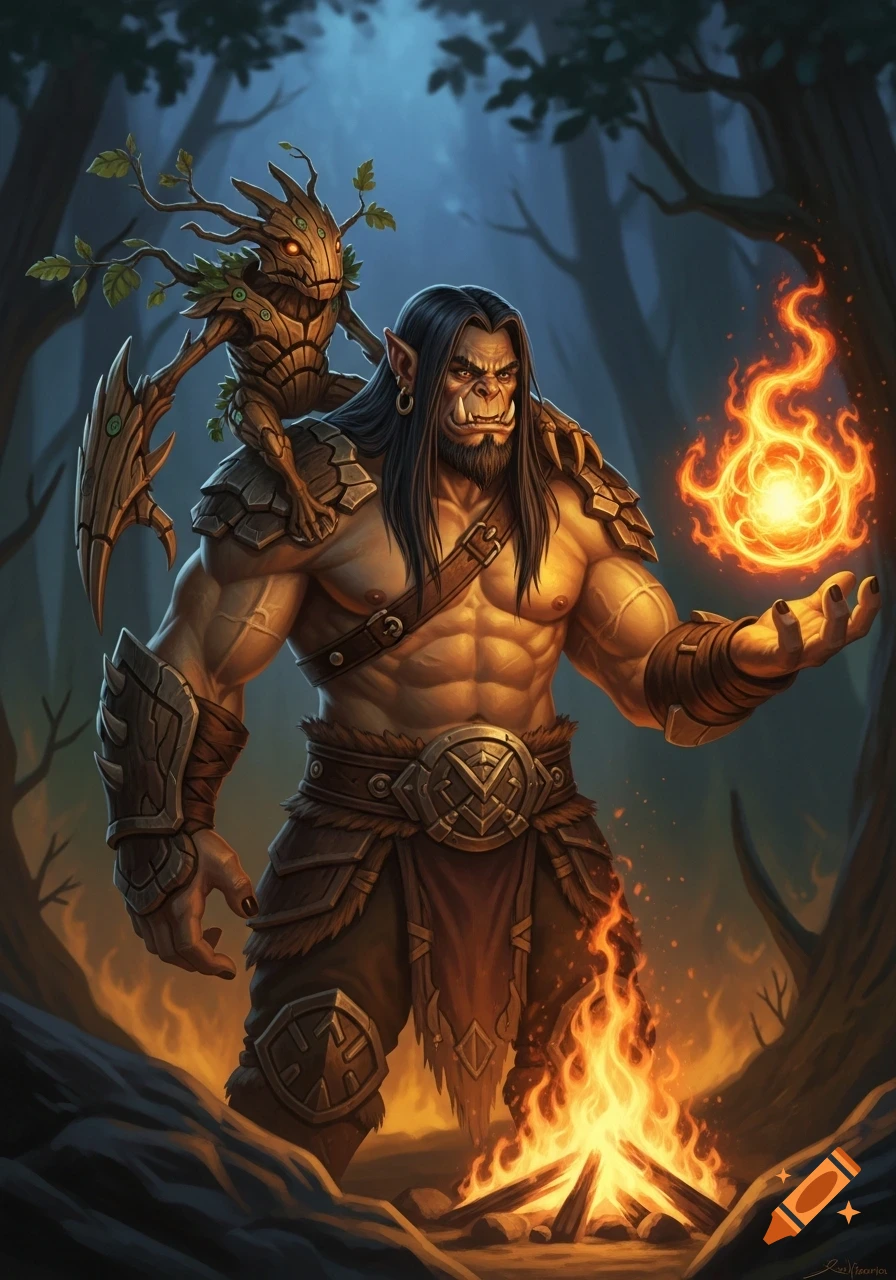 Muscular fantasy orc with long hair and a beard, a small tree creature on his shoulder, holds a fire orb by a campfire in a forest.