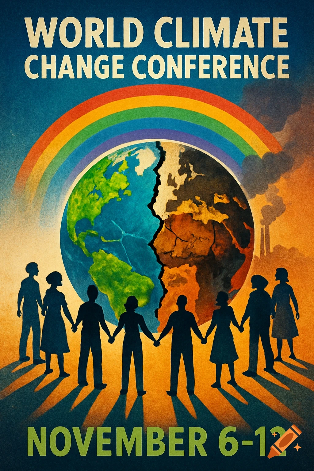 A vintage-style climate change conference poster with a cracked Earth, a rainbow, and people holding hands.