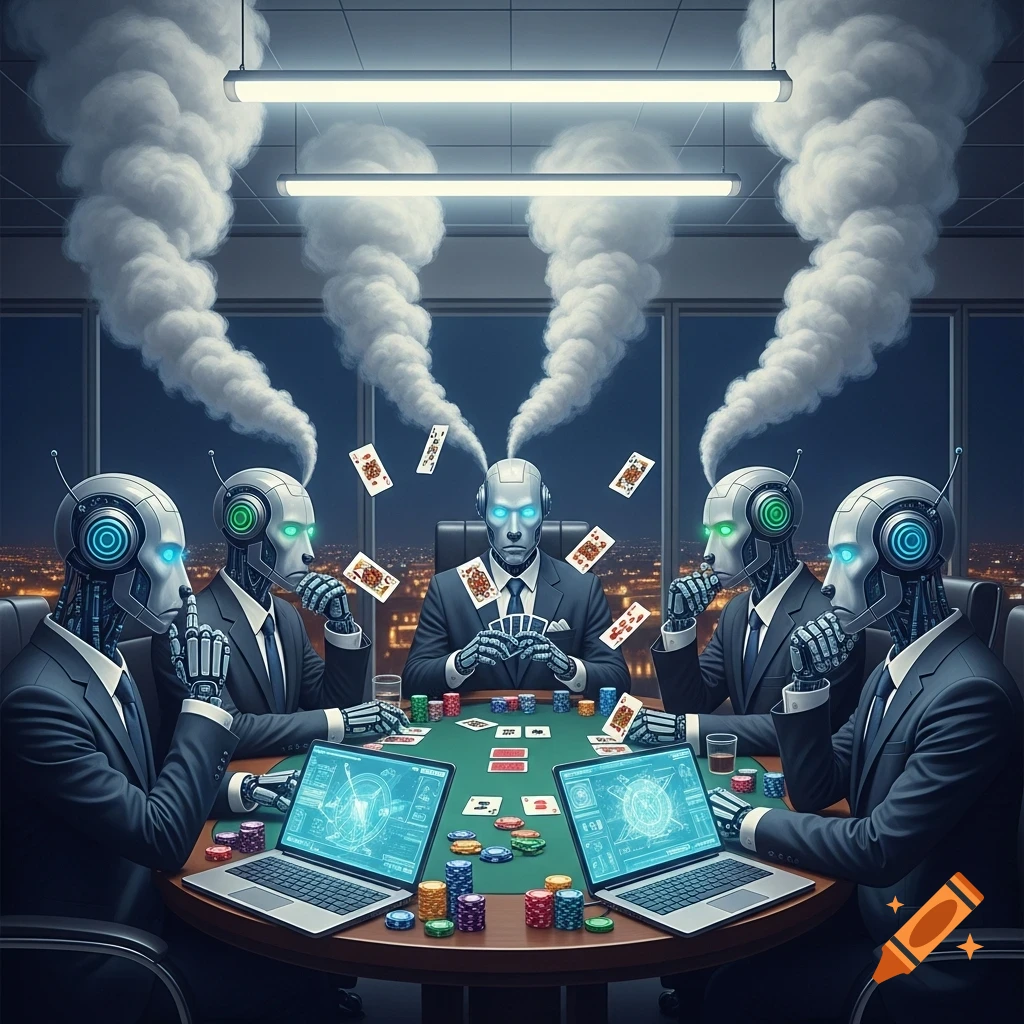 Five humanoid robots in sleek suits play poker around a table in a corporate boardroom, with smoke rising from their heads.