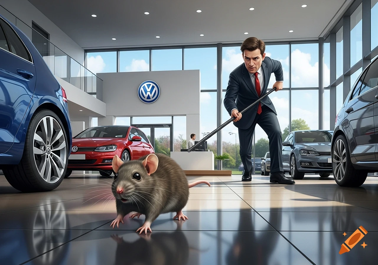 A man in a suit chases a large rat with a pole across a shiny floor in a modern Volkswagen car showroom.