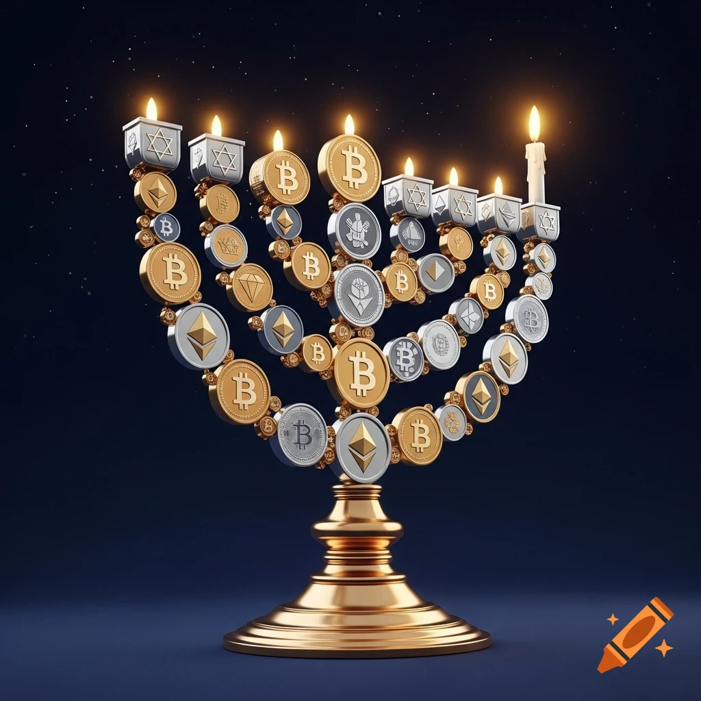 A gold and silver Chanukah menorah crafted from various cryptocurrency coins, including Bitcoin and Ethereum, glowing against a dark, starry sky.
