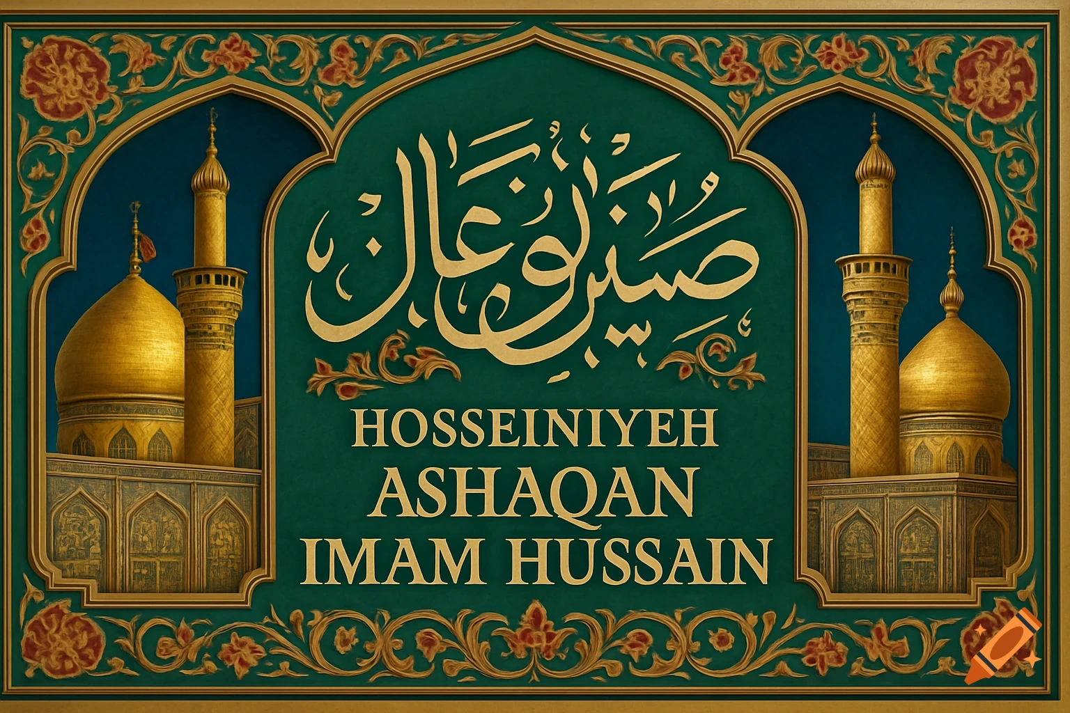 An ornate green and gold emblem featuring Arabic calligraphy and English text 'HOSSEINIYEH ASHAQAN IMAM HUSSAIN', flanked by golden mosque domes and minarets.
