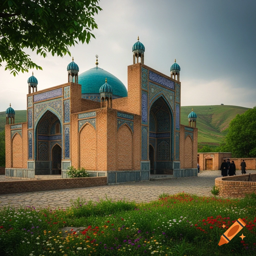 A mosque-like building with a large blue dome and intricate blue and white tile work on brick walls, set against green hills and a cloudy sky, with a foreground of colorful wildflowers and trees.