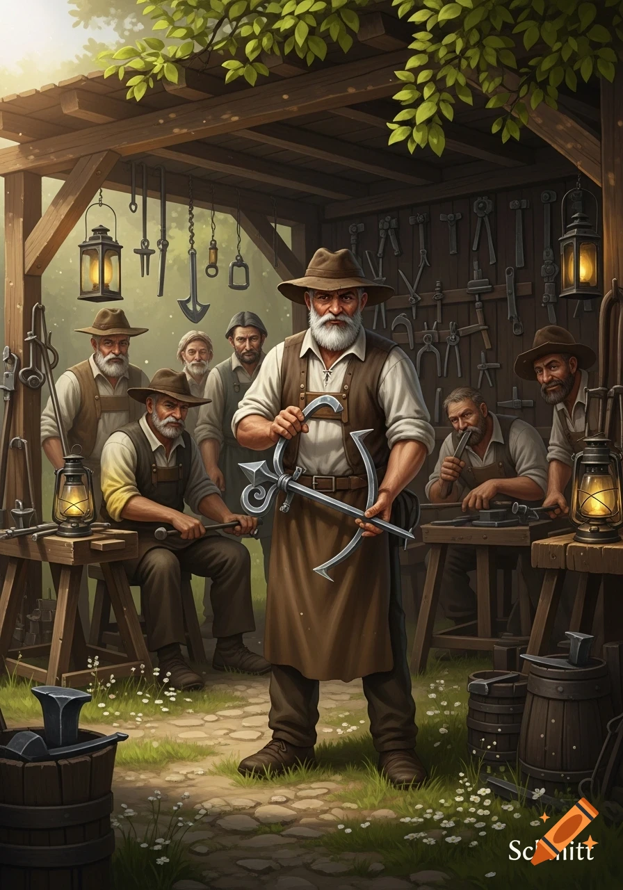 A group of bearded men, dressed as craftsmen, work in an outdoor blacksmith shop, with the main figure holding a decorative metal piece.