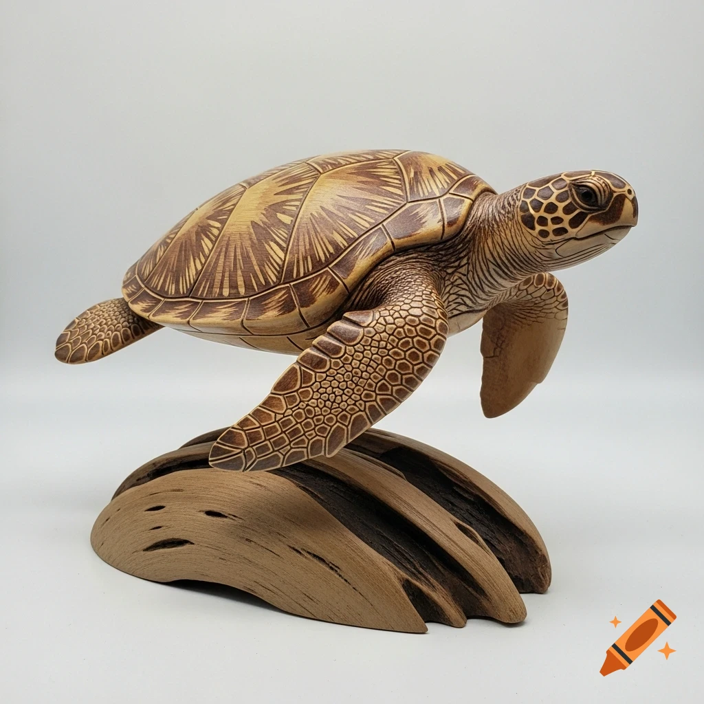 Detailed wooden sculpture of a sea turtle with patterned shell, posed as if swimming, on a carved wood base.