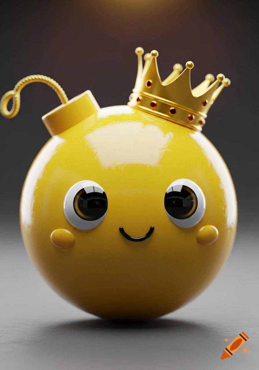 A shiny yellow 3D bomb character with a cute face, big eyes, and a gold crown.