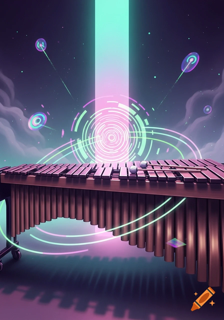 A marimba illuminated by vibrant neon vaporwave lighting, surrounded by glowing abstract shapes and clouds in a dark sky.