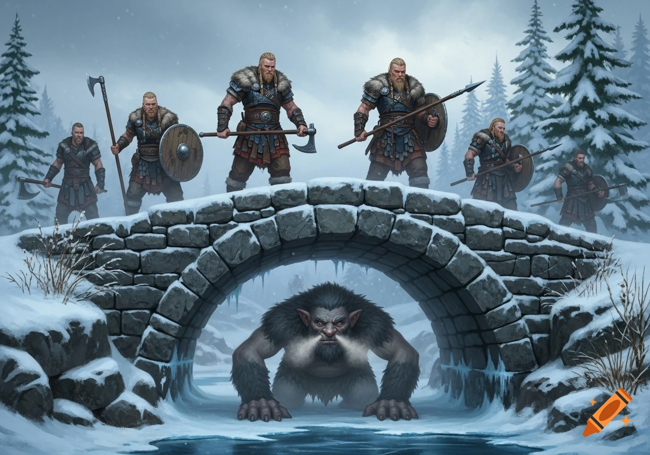 Six Vikings with axes and spears stand on a snowy stone bridge over a frozen stream, while a large hairy troll lurks menacingly below.