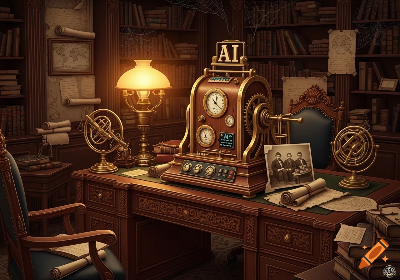 A detailed steampunk-style AI machine with gears and clocks sits on a wooden desk in a dimly lit, old-fashioned study, surrounded by books and brass instruments.