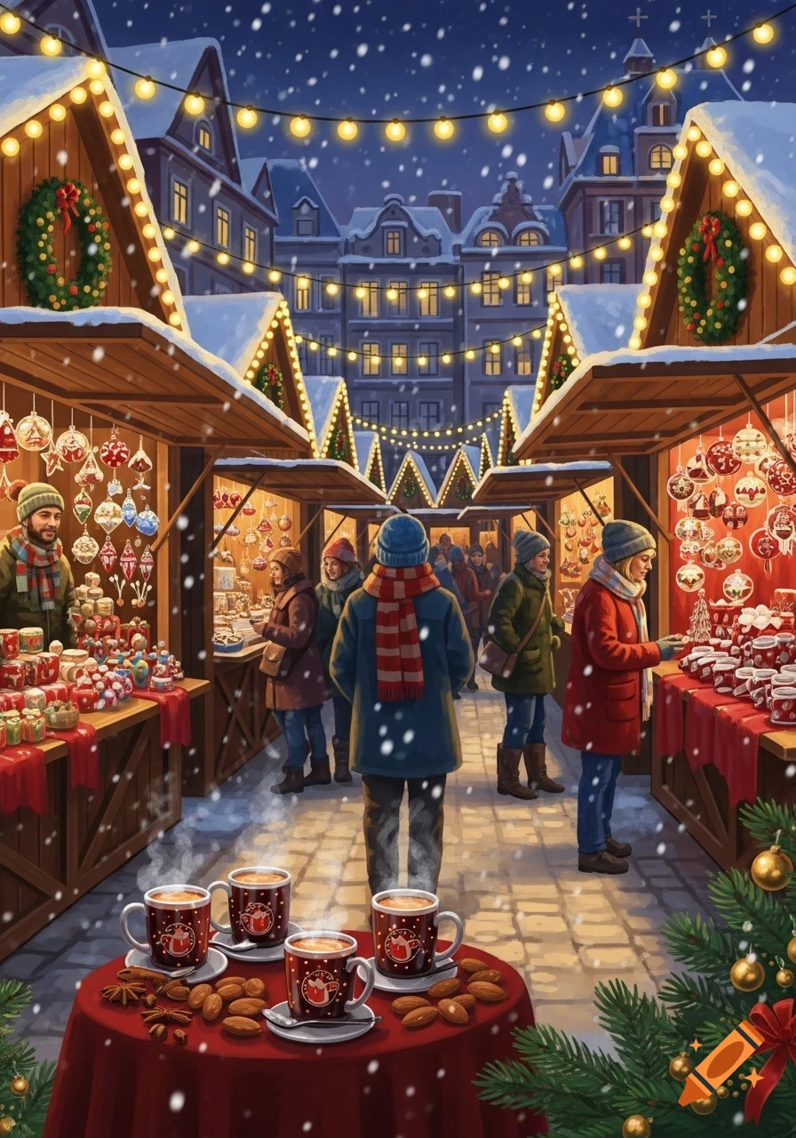 Illustration of a snowy Christmas market at night with people browsing ...