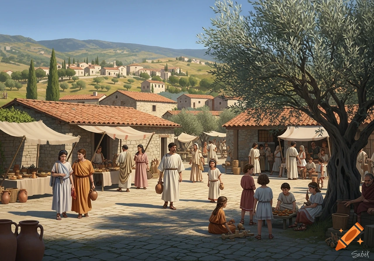 A busy market in an ancient village square, with people in traditional clothing, stone buildings, and an olive tree under a clear sky.