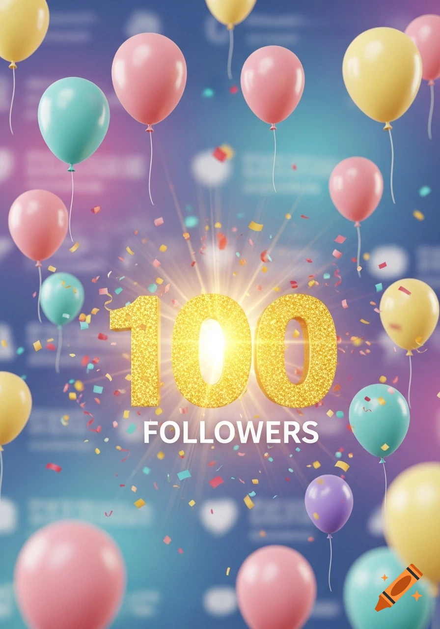 A vibrant celebratory image with many colorful balloons and confetti, centered around the glittering gold text '100 FOLLOWERS' glowing brightly.