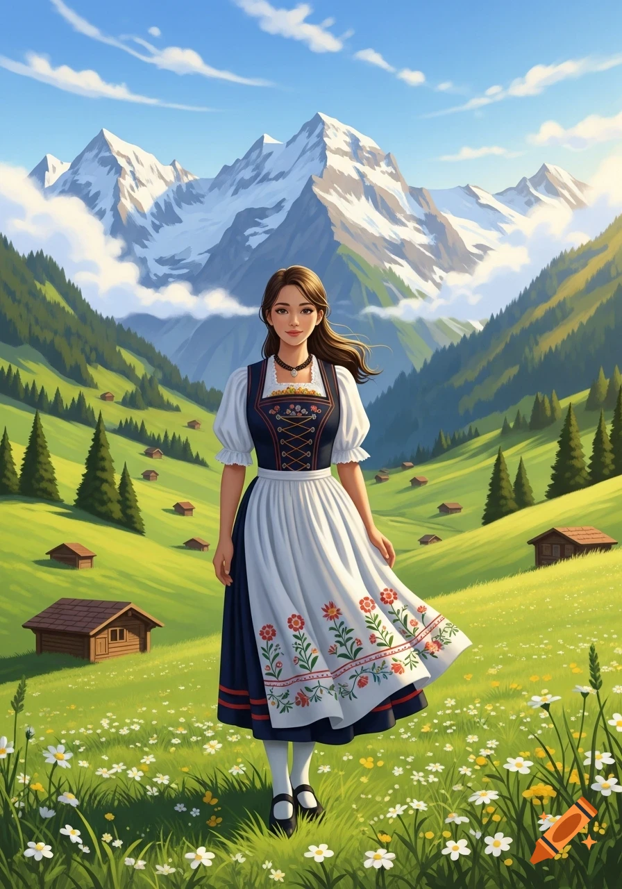 An illustrated young woman in traditional attire stands in a lush green alpine valley with snow-capped mountains and chalets.