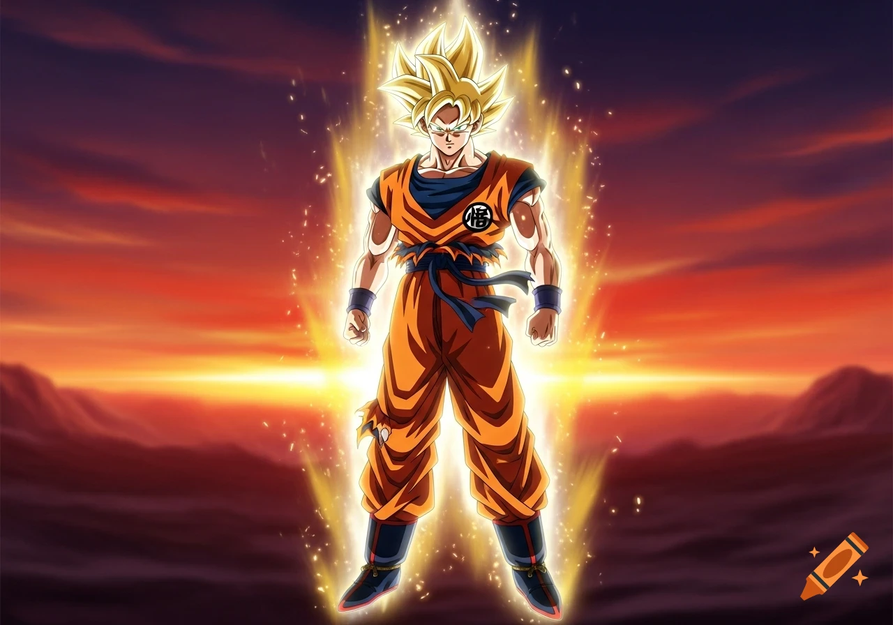 Goku in Super Saiyan form, glowing with golden energy, stands against a dramatic red and orange sunset background.