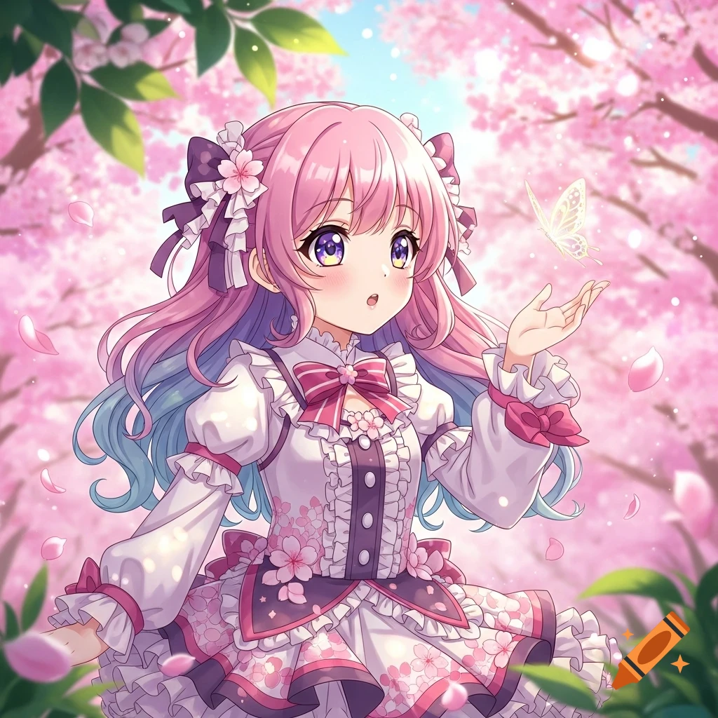 A cute anime girl with pink and blue hair, wearing a frilly dress, looks at a glowing butterfly amidst pink cherry blossoms.